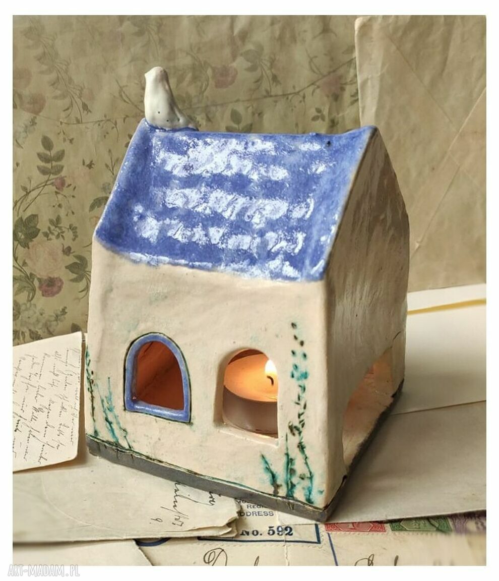 Kościółek lampion ceramiczny z gołębicą - świecznik na tealight