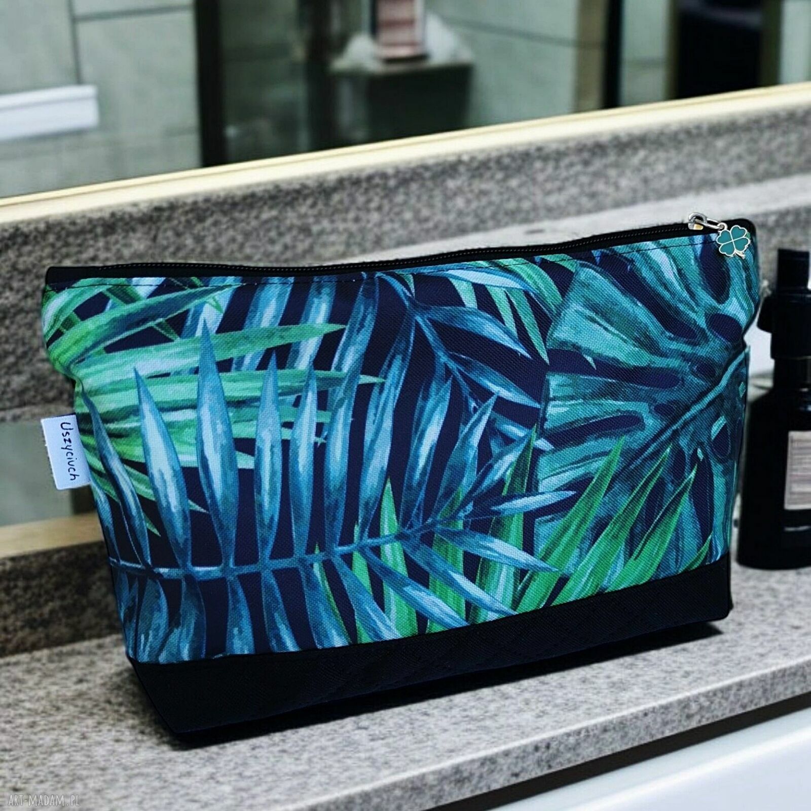 Ręcznie szyta duża kosmetyczka wodoodporna Monstera - organizer do torebki i łazienki