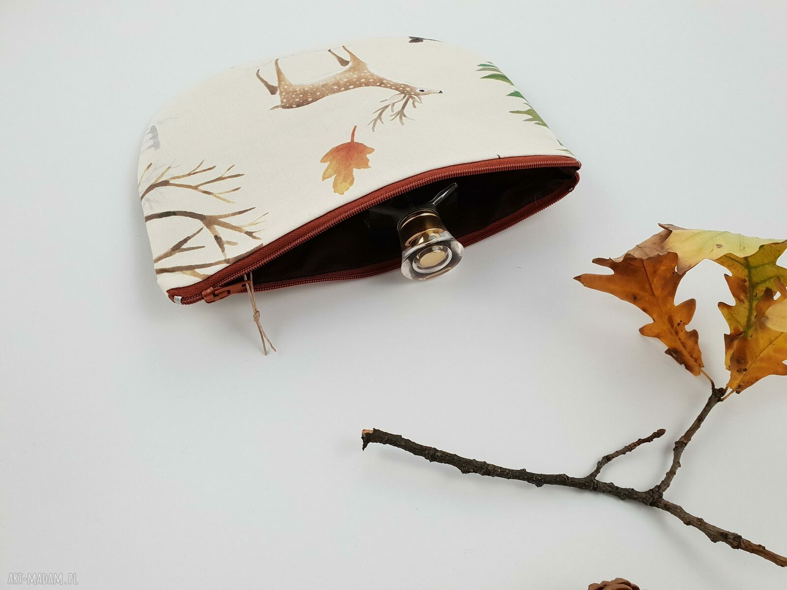 Handmade kosmetyczka leśny półksiężyc, zapinana na zamek