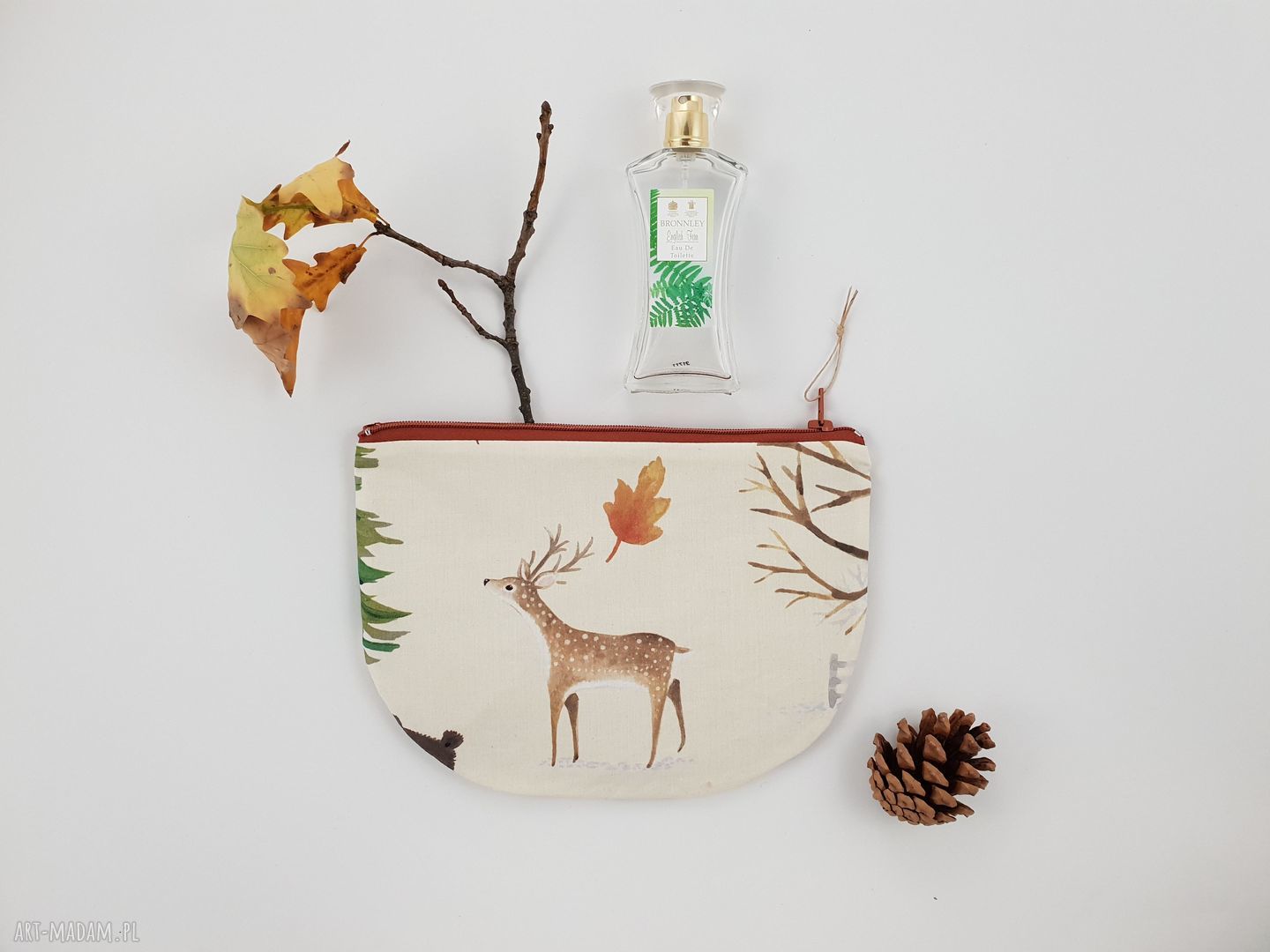 Handmade kosmetyczka - leśny półksiężyc, zapinana na zamek