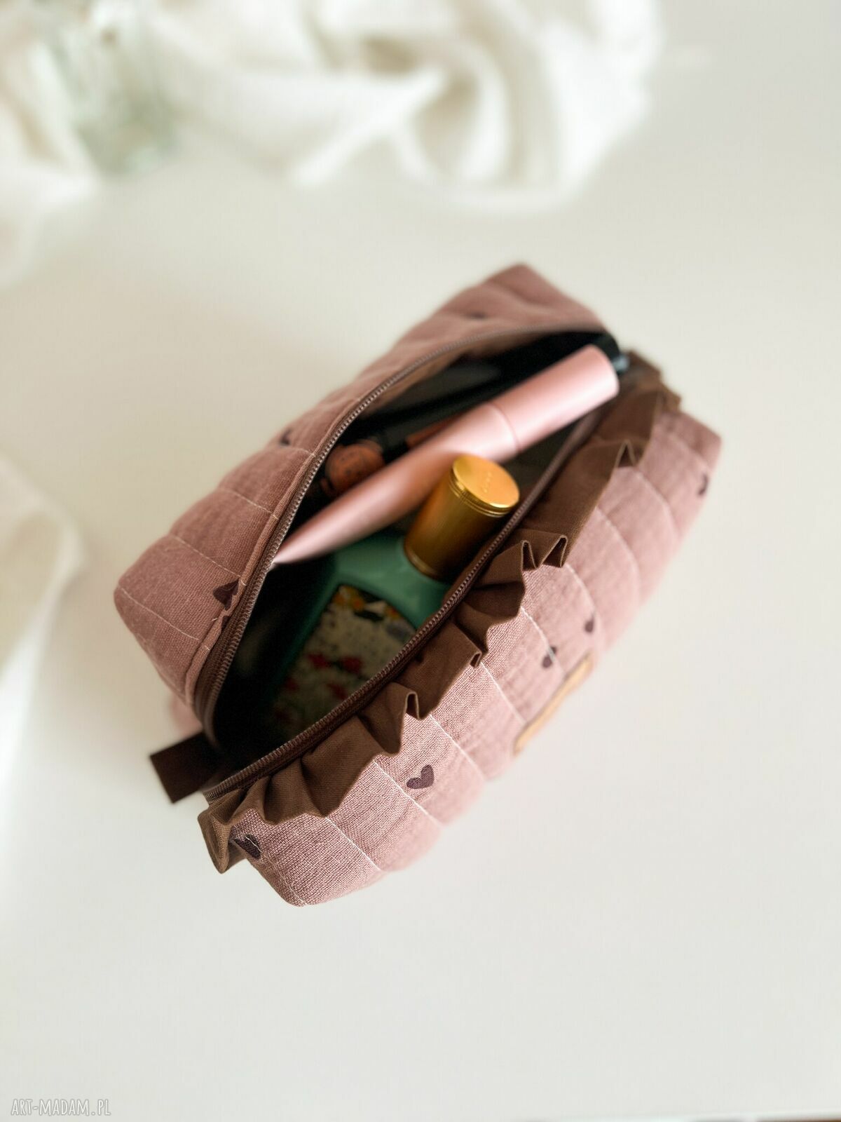 Kosmetyczka z falbanką Czekolada - organizer do torebki handmade