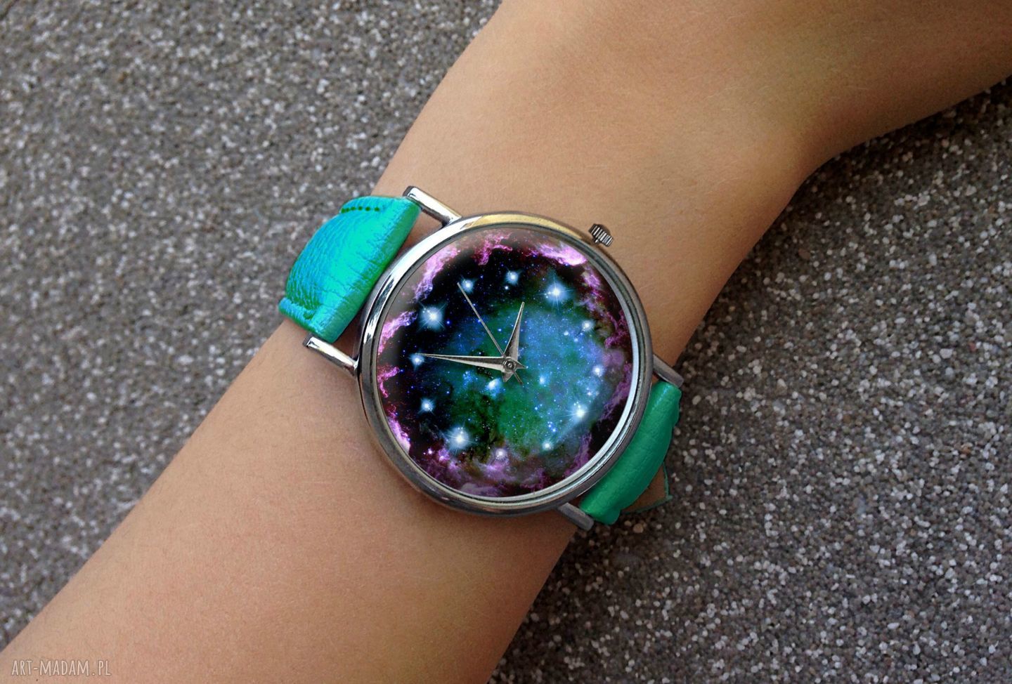 zegarki: Turkusowy kosmos Skórzany zegarek z dużą tarczą hand made