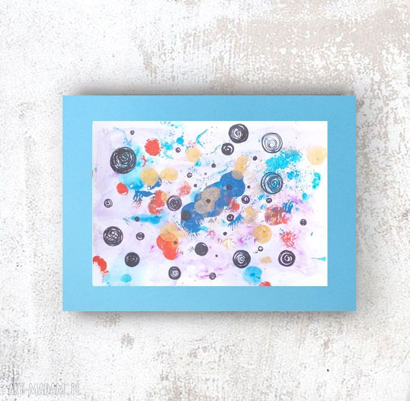 Ręcznie malowana grafika Kosmos 30x40 boho - minimalizm na niebieskim kartoniku