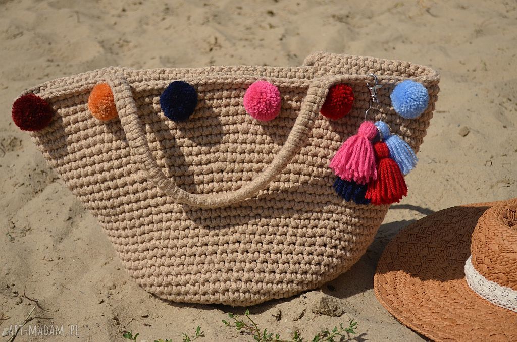 Kosz plażowy San Marino na ramię - boho beżowy szydełkowy