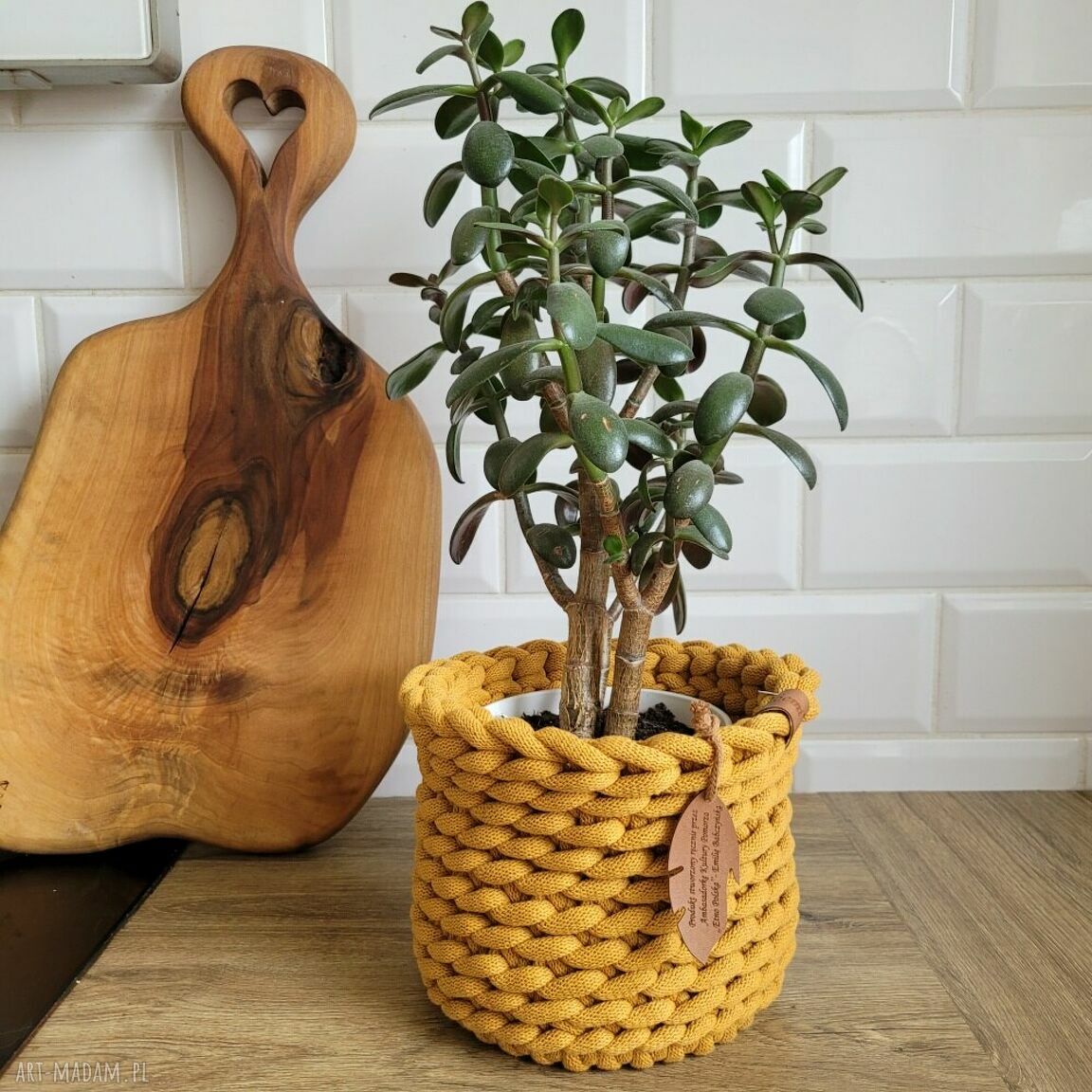 Koszyk-osłonka na doniczkę z grubego sznurka bawełnianego (15 cm) - ręcznie pleciona