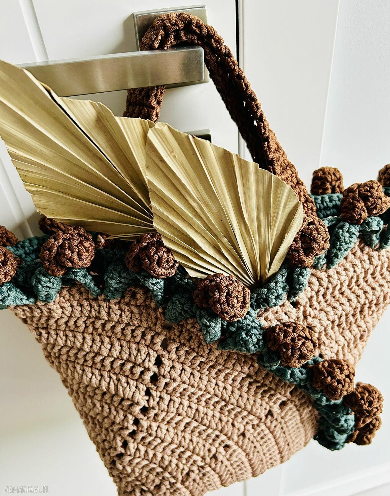 Torba-koszyk na plażę w stylu boho z motywem róż - handmade Sznurkowelove