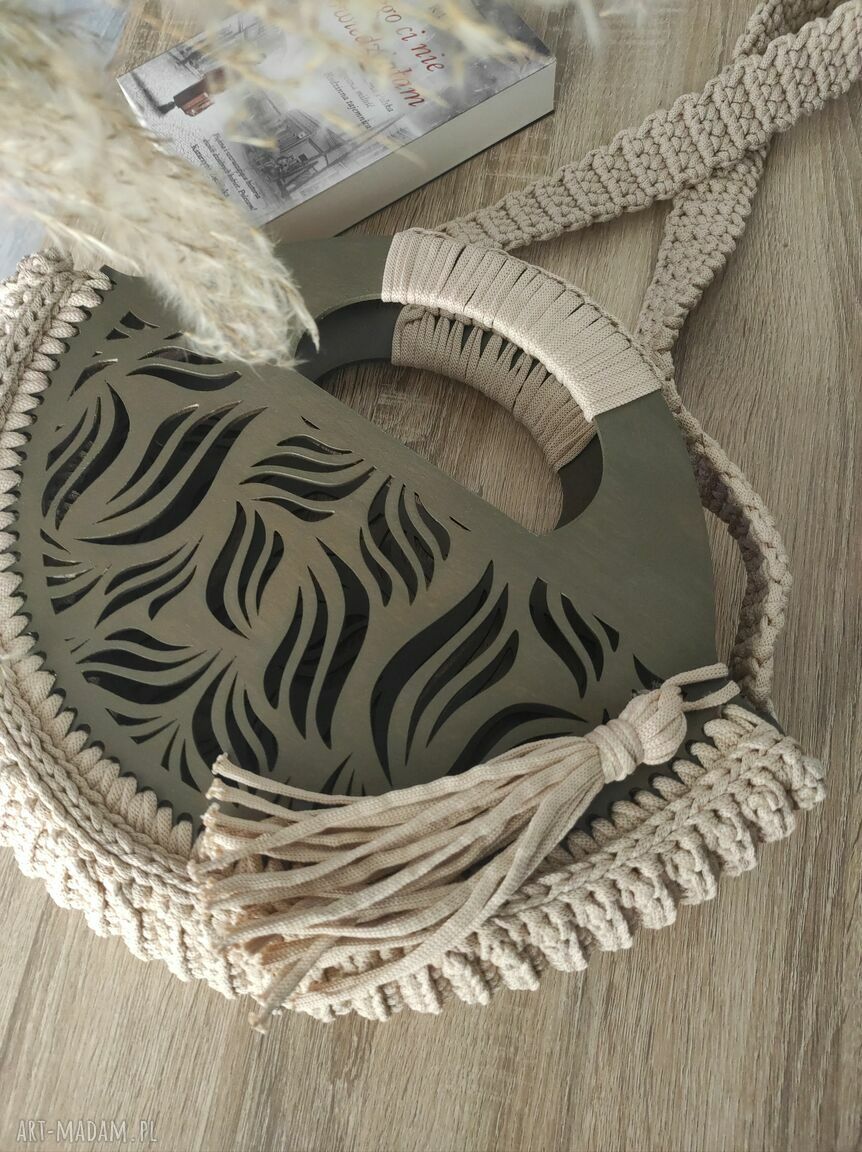 Torba koszyk na szydełku ze sznurka - ecru, z chwostem, handmade