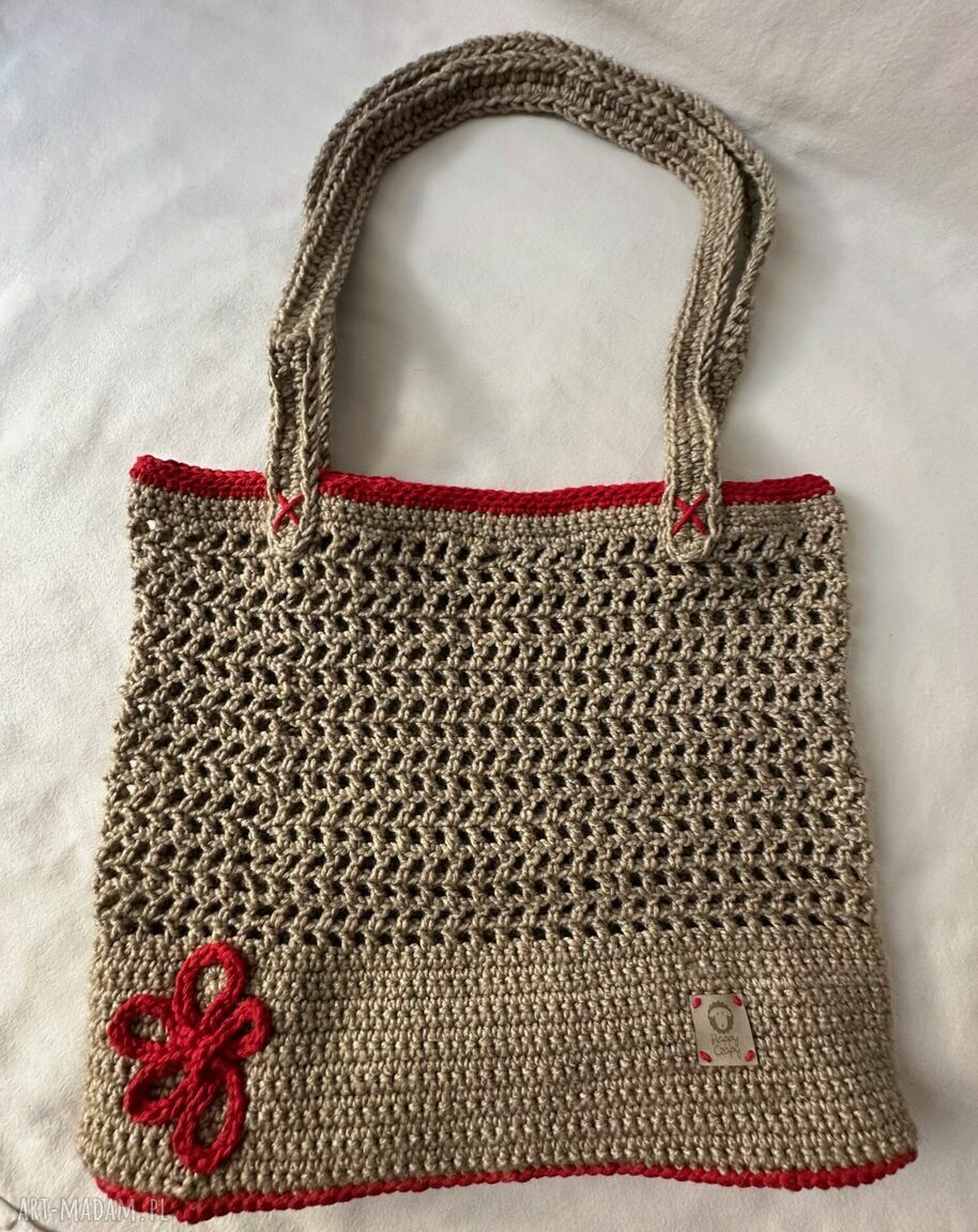 Torebka-koszyk LUNA handmade na ramię - boho beż i czerwień