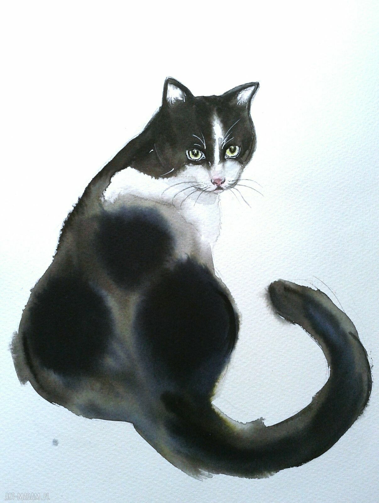 Akwarela z kotem - ręcznie malowany obraz na papierze 23x31 cm bez ramki