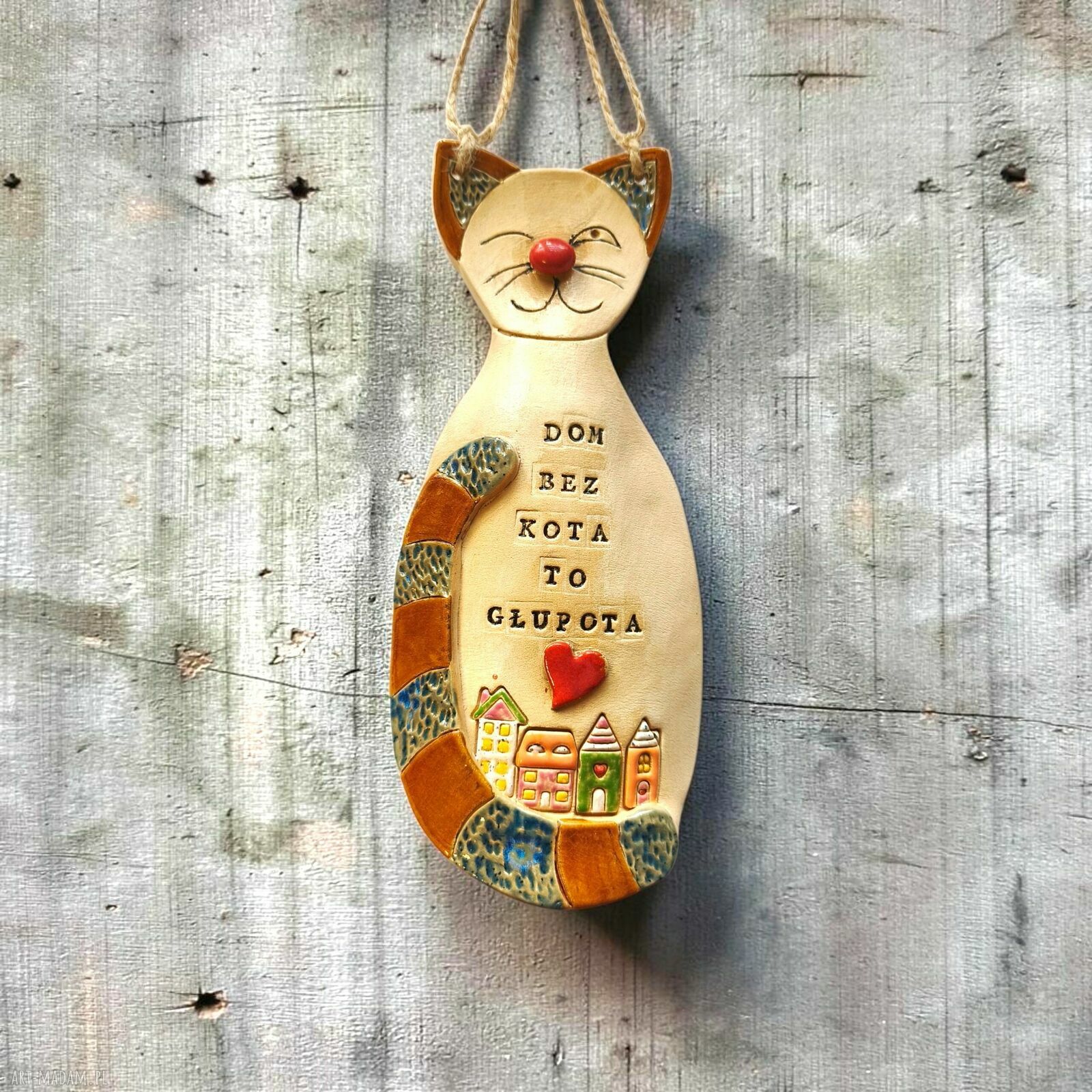 Duży ceramiczny kot do powieszenia - ręcznie robiona dekoracja