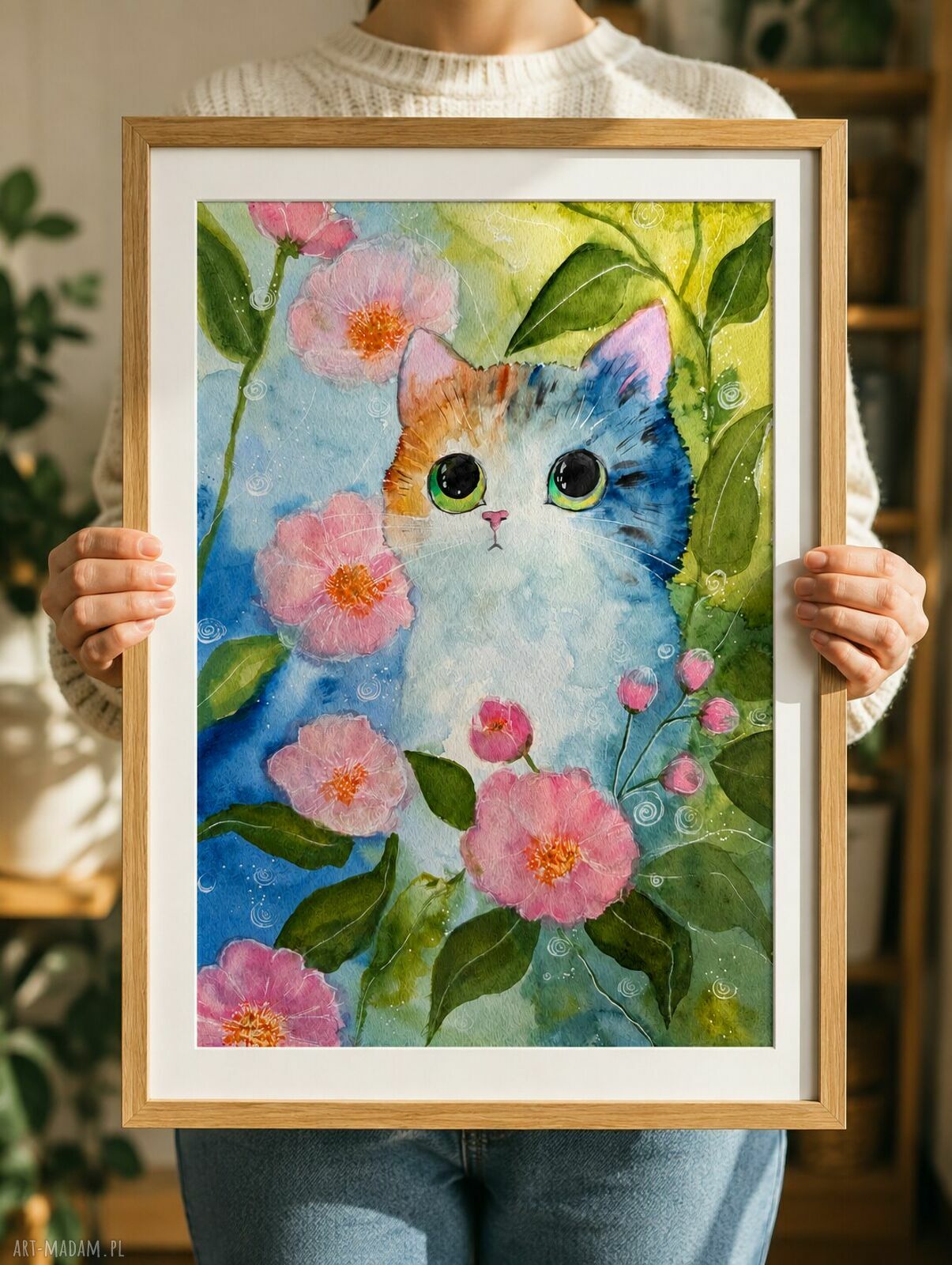 Kot - plakat 50x70 cm akwarela z kwiatami
