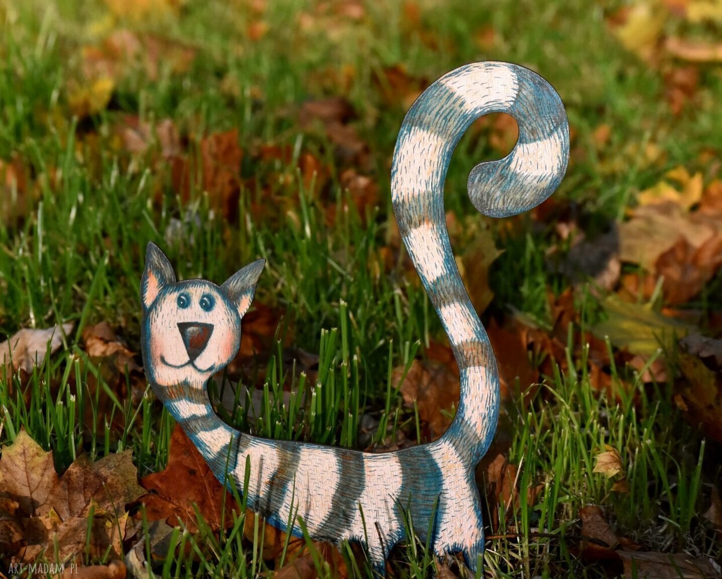 Turkusowy kot skarpetka - handmade magnes na lodówkę ze sklejki