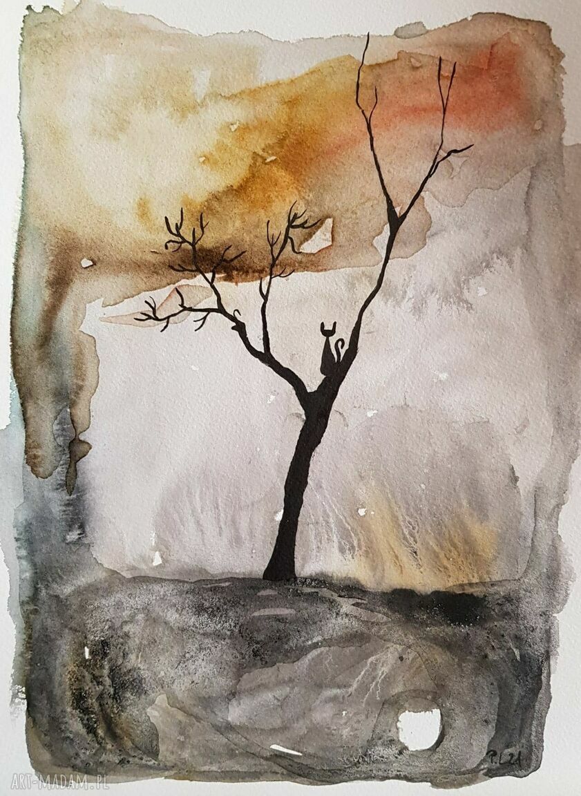 Oryginalna akwarela A4: Kotek na drzewie - Paulina Lebida