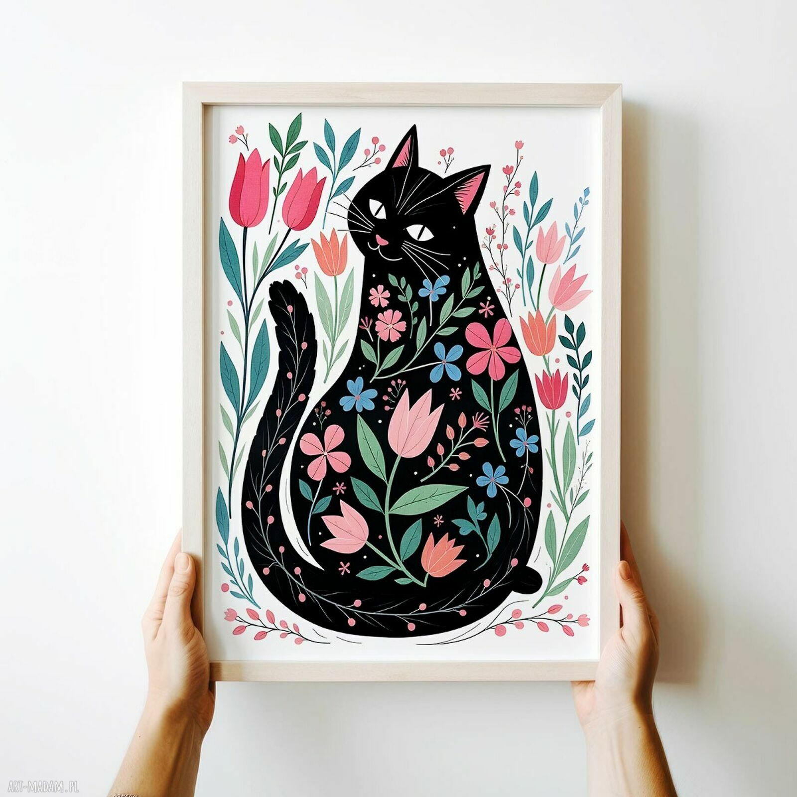 Plakat Kotek A4 - kot wśród kwiatów, rysunkowa ilustracja