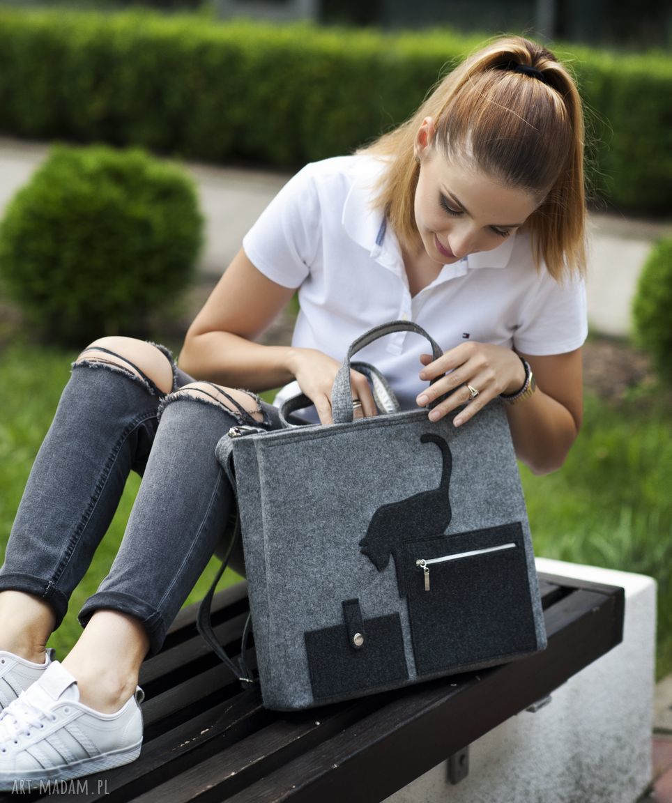 Torba na laptopa szara z kotkiem Hand Made