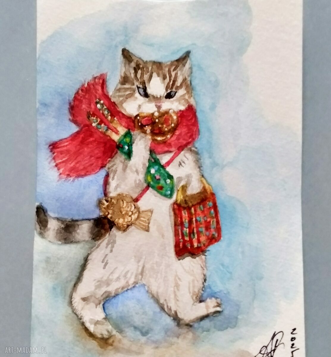 Kotek z preclem - bajkowa ilustracja akwarelowa handmade
