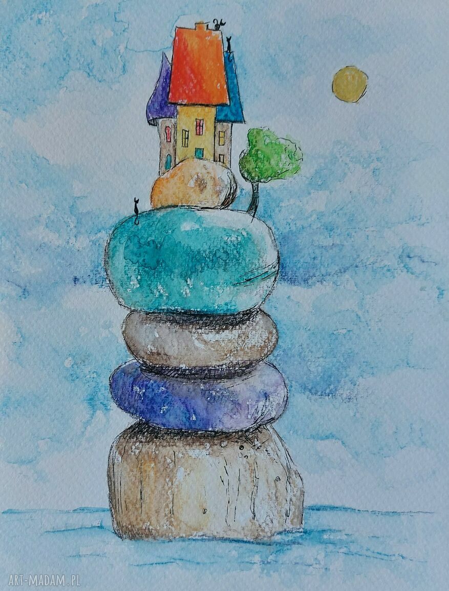 Koty bajkowe domki - komplet 6 akwareli 18/24 cm (Paulina Lebida)