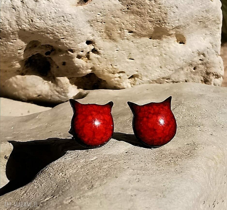 Kolczyki Kotki Ceramiczne na Antyalergicznych Sztyftach - Czerwone