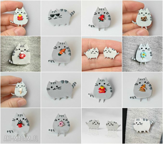 Maleńkie kolczyki Pusheen z serduszkiem kotek wkrętki Fimo