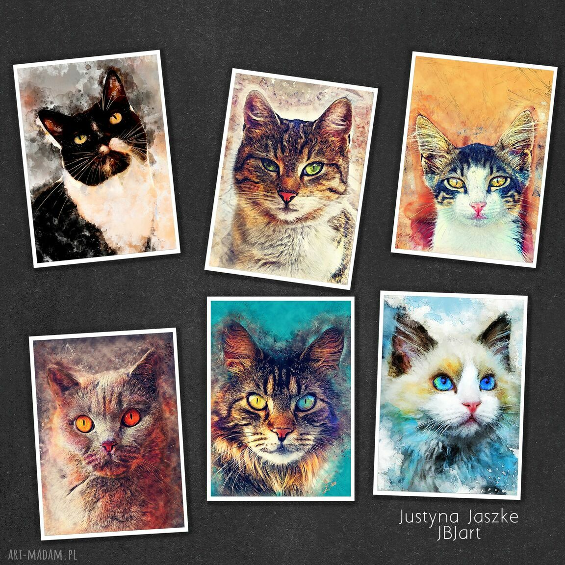 Koty W Akwareli Zestaw 6 Grafik W Rozmiarze 13x18 Cm Art Madam pl Koty W Akwareli Zestaw 6 Grafik W Rozmiarze 13x18 Cm Art Madam pl