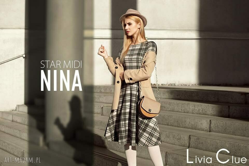 Sukienka star midi nina rozkloszowana kratka kraciasta kieszenie