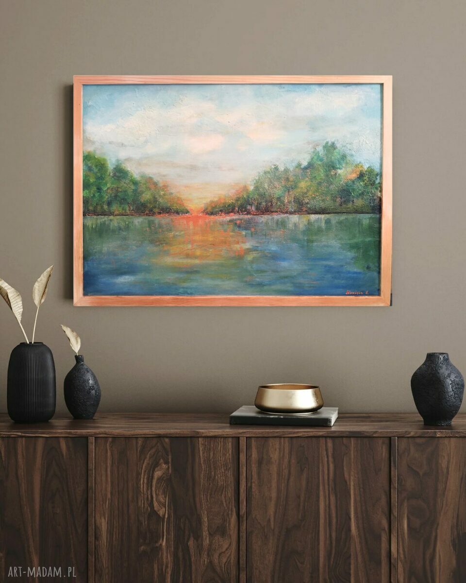 Krajobraz 50x70 cm w sosnowej ramie - natura z miedzianym połyskiem