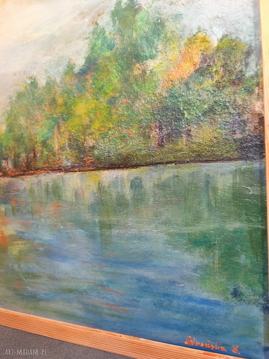 Krajobraz 50x70 cm w sosnowej ramie - natura z miedzianym połyskiem
