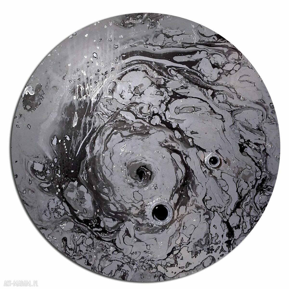 Krajobraz księżycowy 19 - okrągły obraz tondo 74,5 cm, ebru, relief i szklane kaboszony