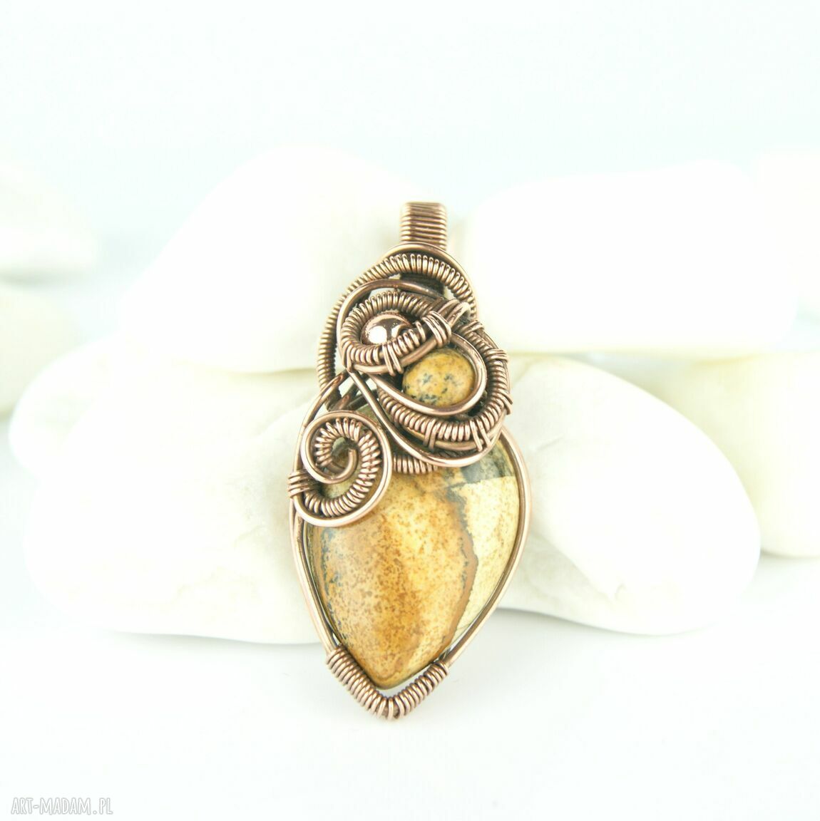 Jaspis krajobrazowy wisiorek wire wrapping - miedziany