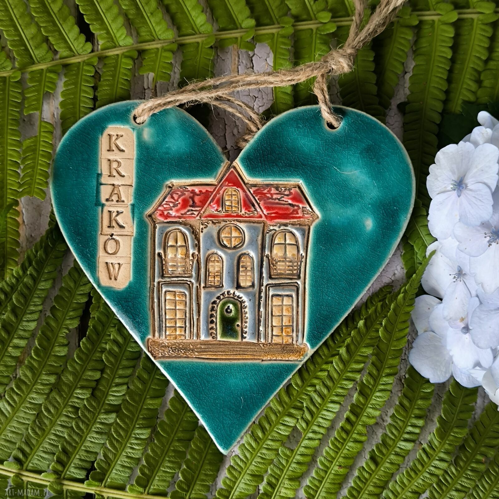Kraków - turkusowe serce ceramiczne - zawieszka handmade