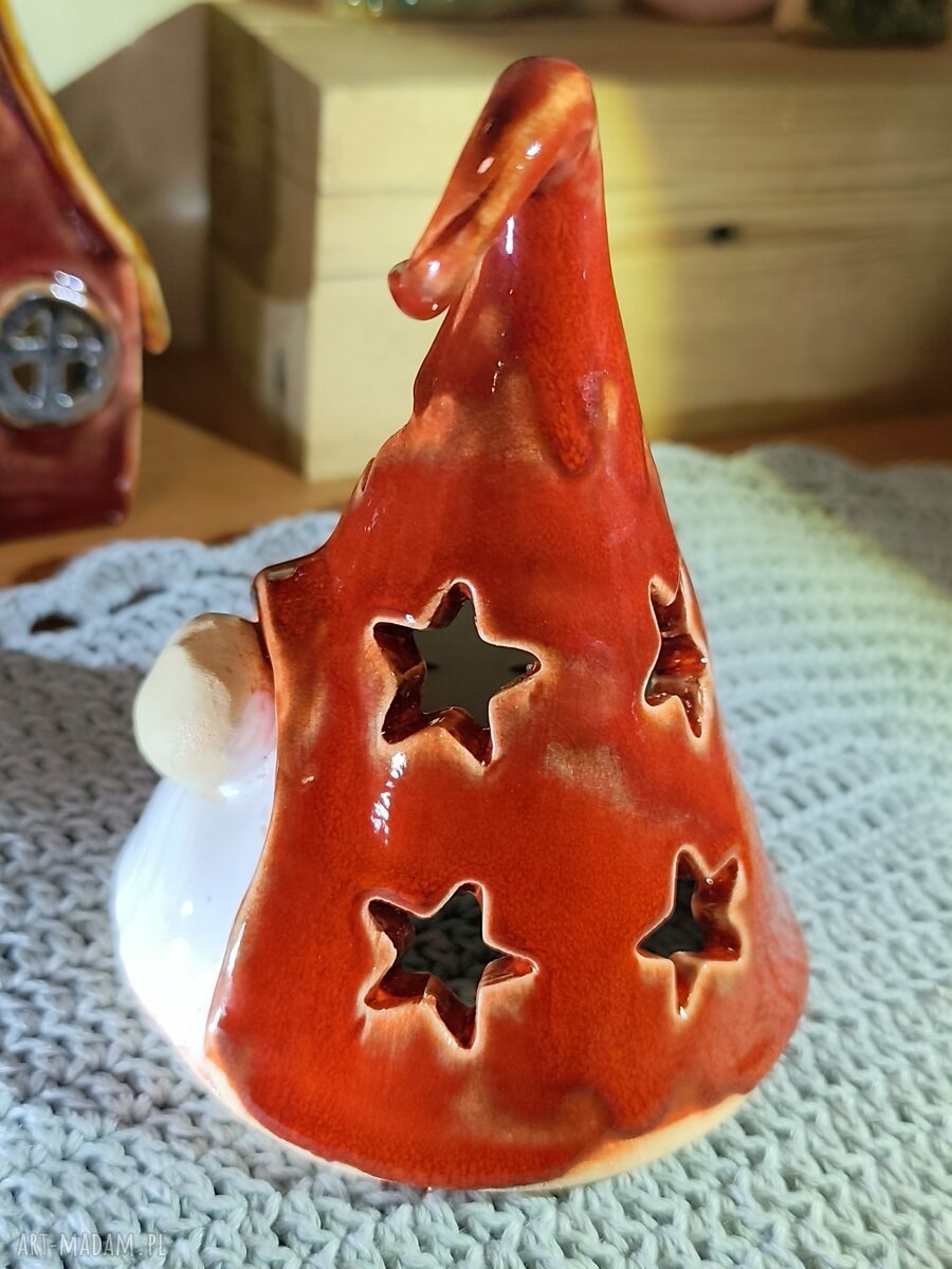 Ręcznie robiony krasnal ceramiczny - lampion bożonarodzeniowy ok. 14 cm