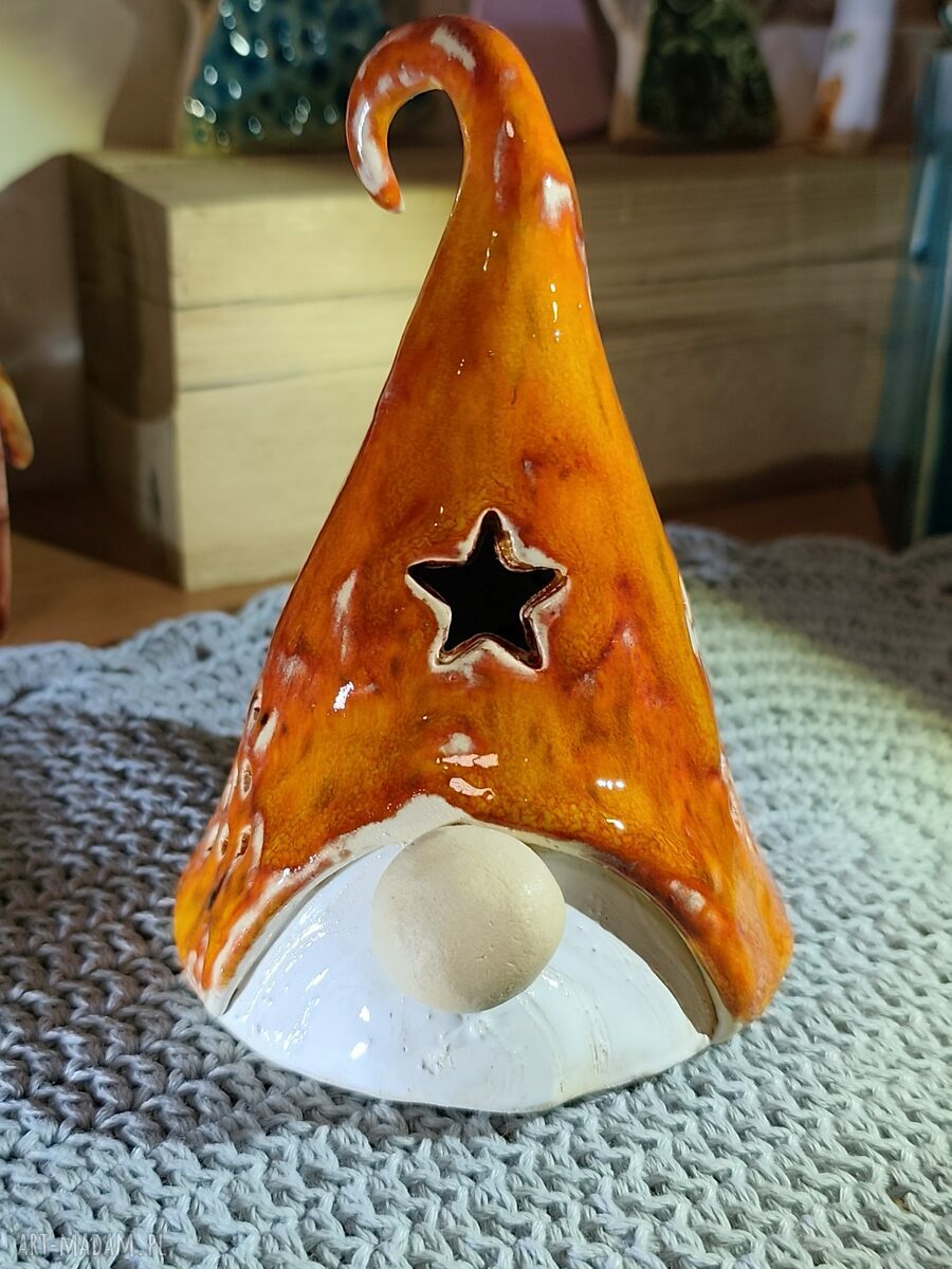 Krasnal ceramiczny lampion bożonarodzeniowy 14 cm pomarańczowy