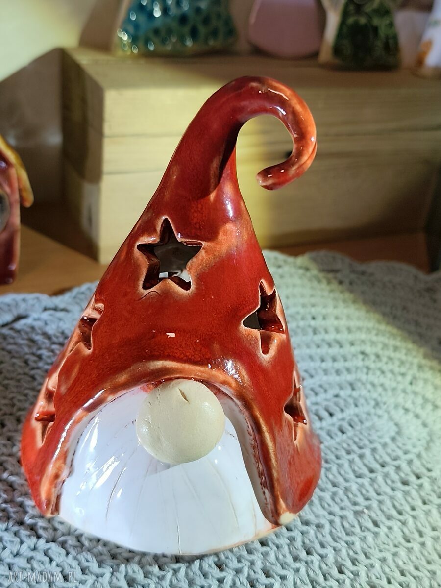 Ręcznie robiony krasnal ceramiczny - lampion bożonarodzeniowy ok. 14 cm