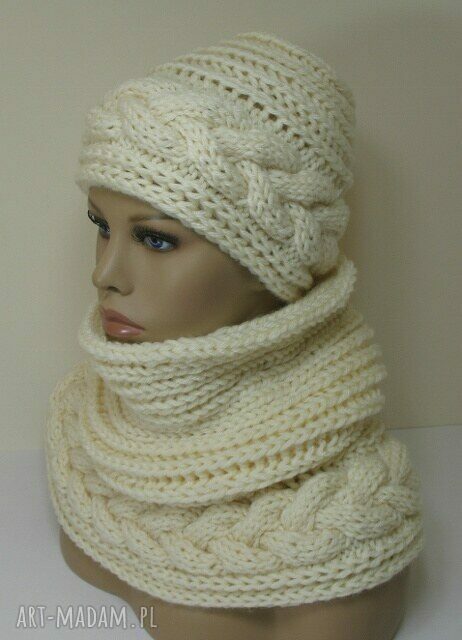 Kremowy komin i czapka z motywem warkocza - komplet handmade