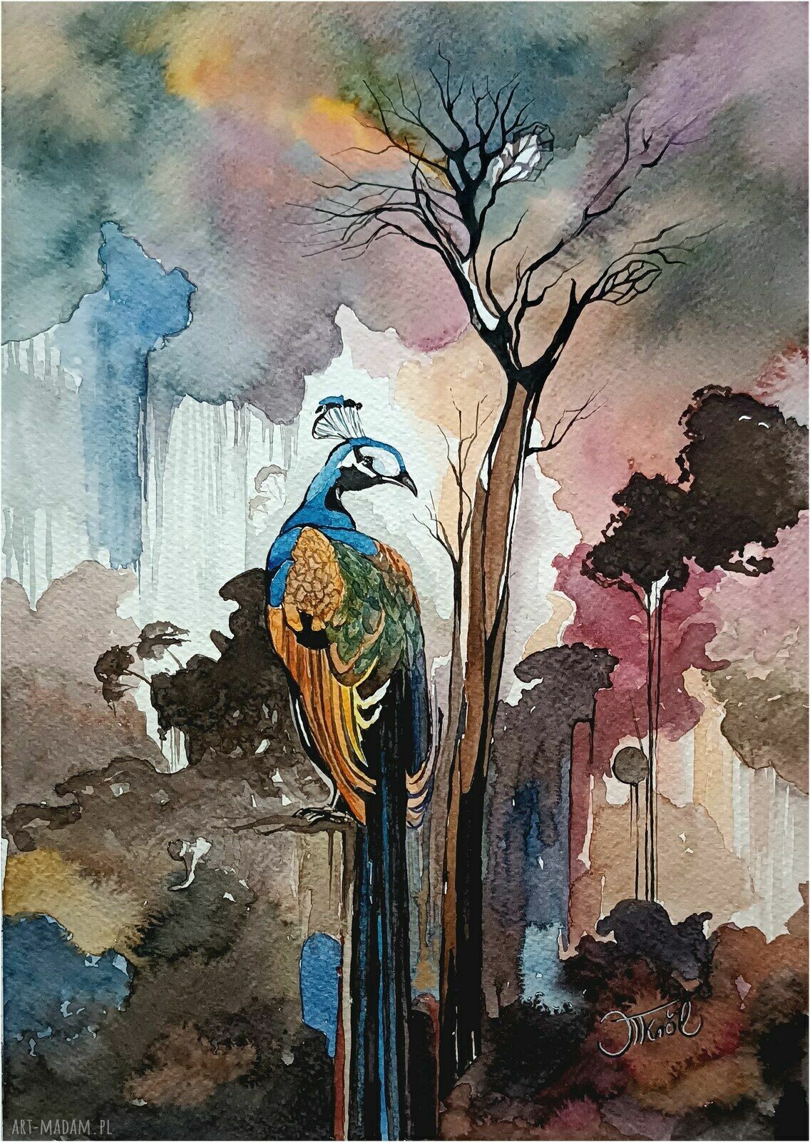 Król iluzji, akwarela 24x32 cm - oryginał z żurawiami i pawimi akcentami