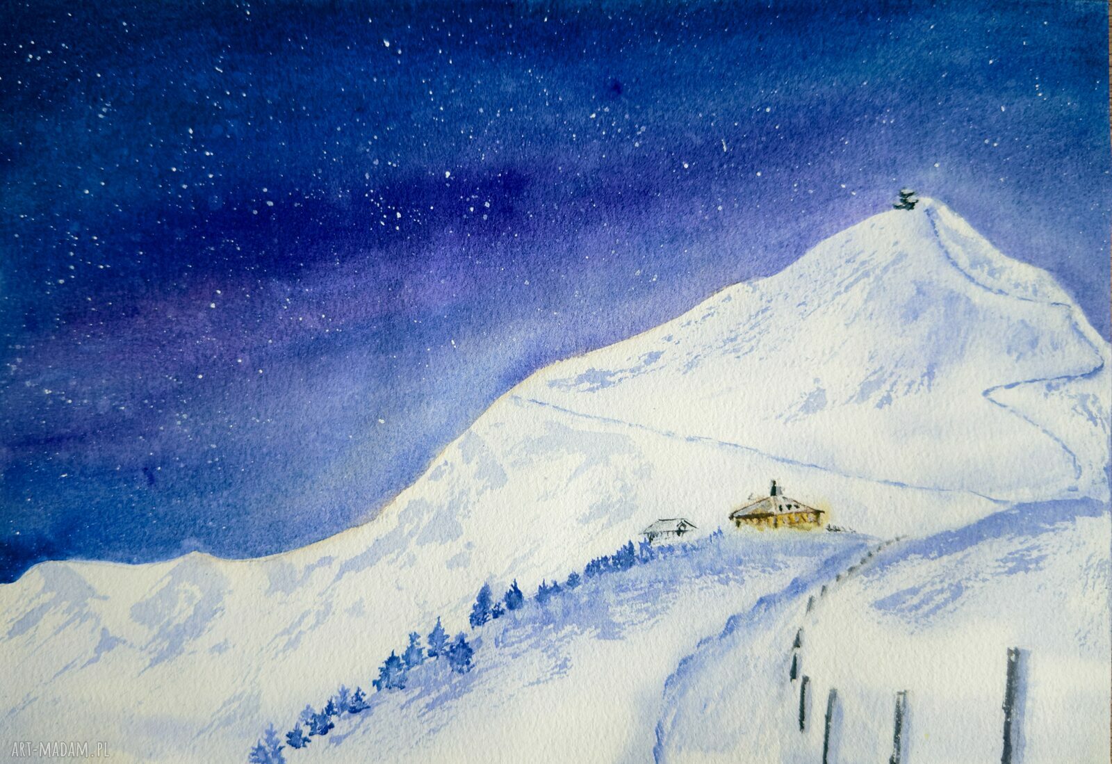 Akwarela Królewna Śnieżka - Karkonosze, ręcznie malowany pejzaż 18x26 cm