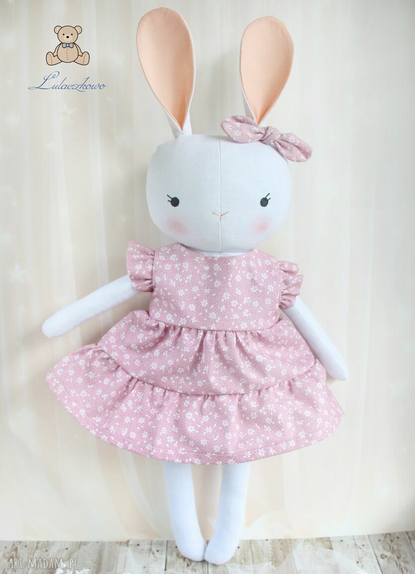 Króliczek Sara - przytulanka 39 cm w sukience w kwiaty z falbankami, róż retro