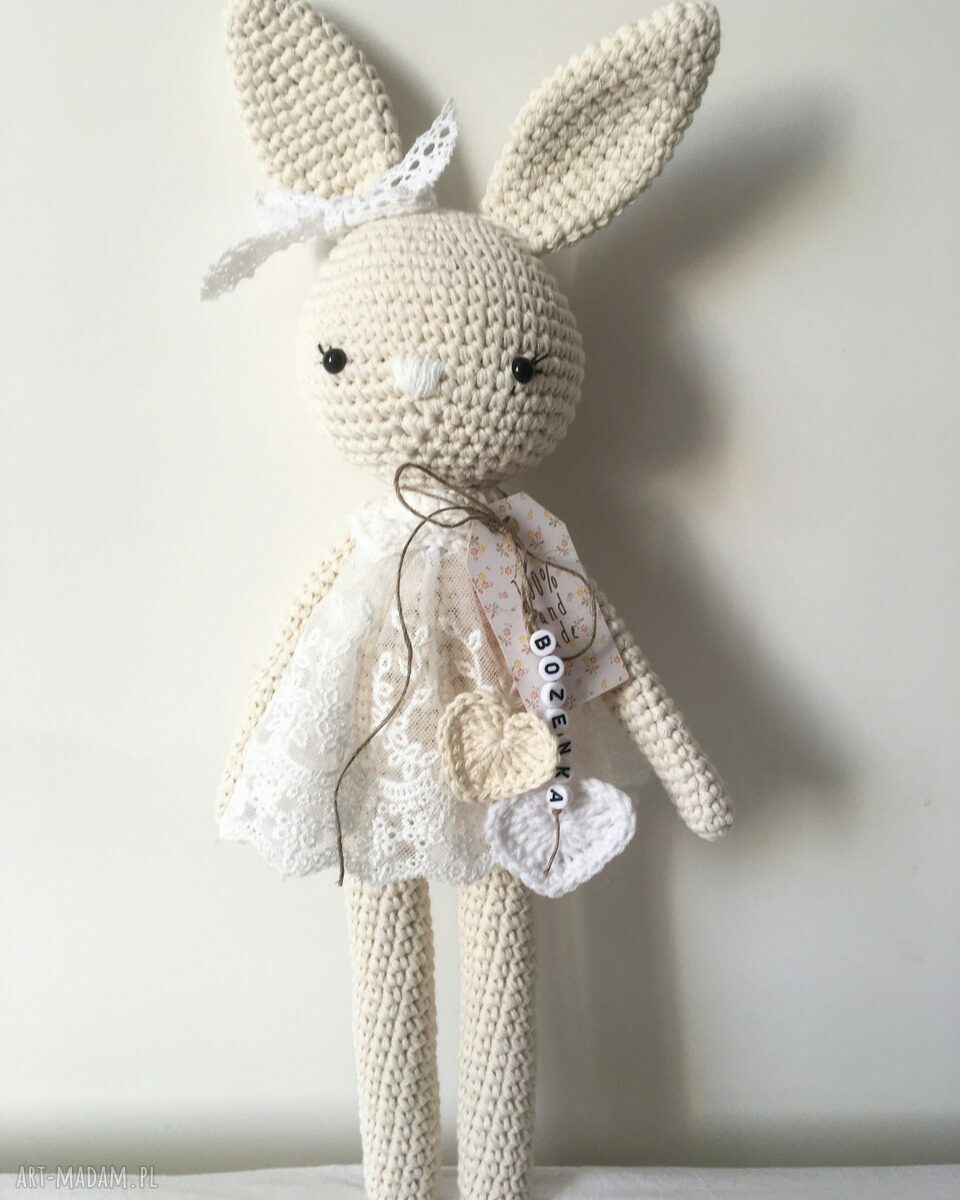 Królisia Nela - duży szydełkowy króliczek z koronkową sukienką (ok. 35 cm)