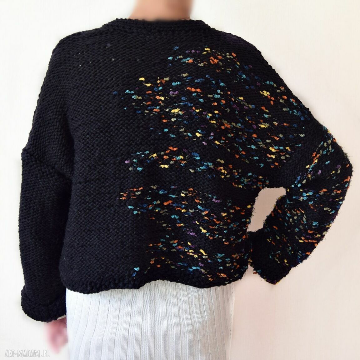 Krótki kardigan sweter oversize, rozpinany - handmade na drutach
