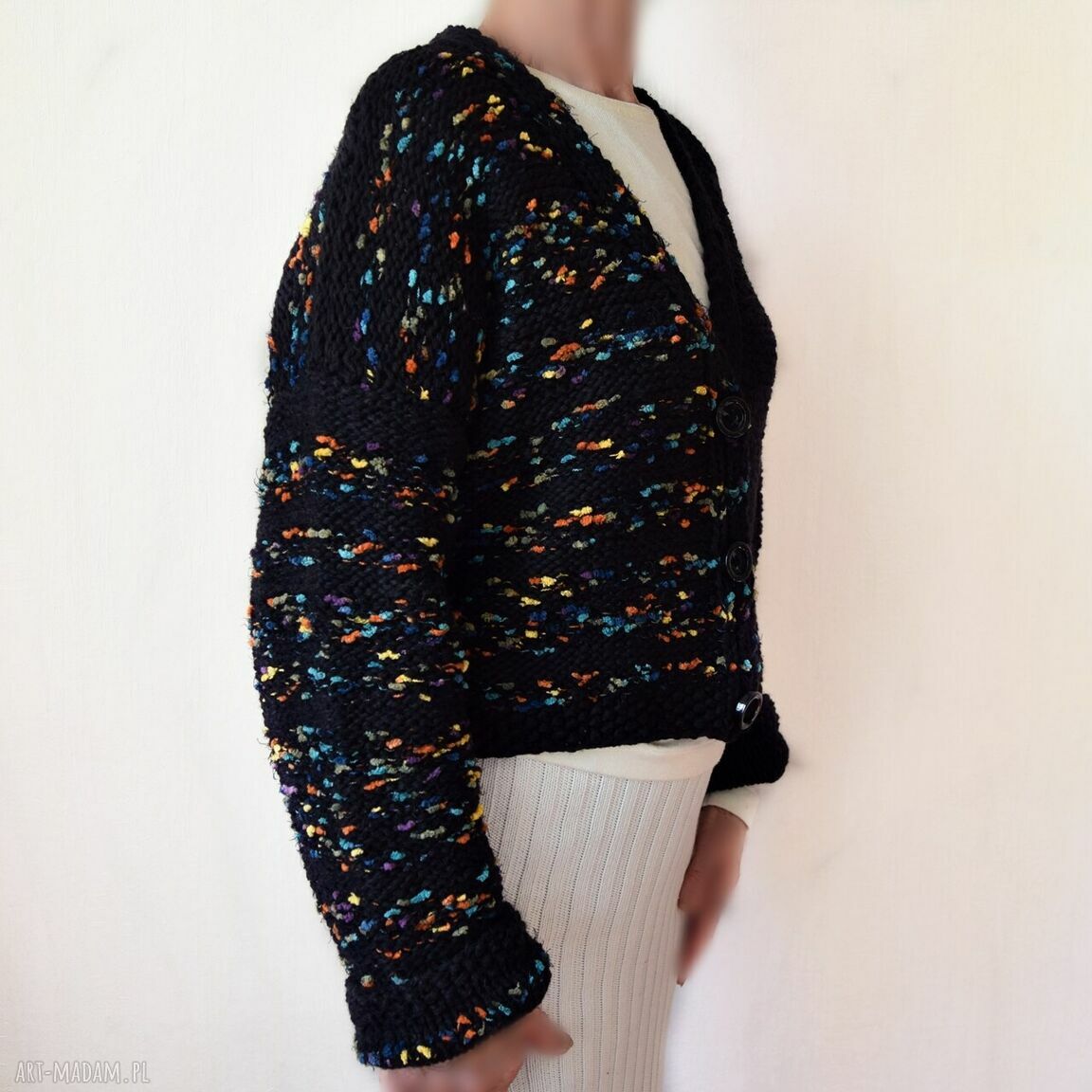 Krótki kardigan sweter oversize, rozpinany - handmade na drutach