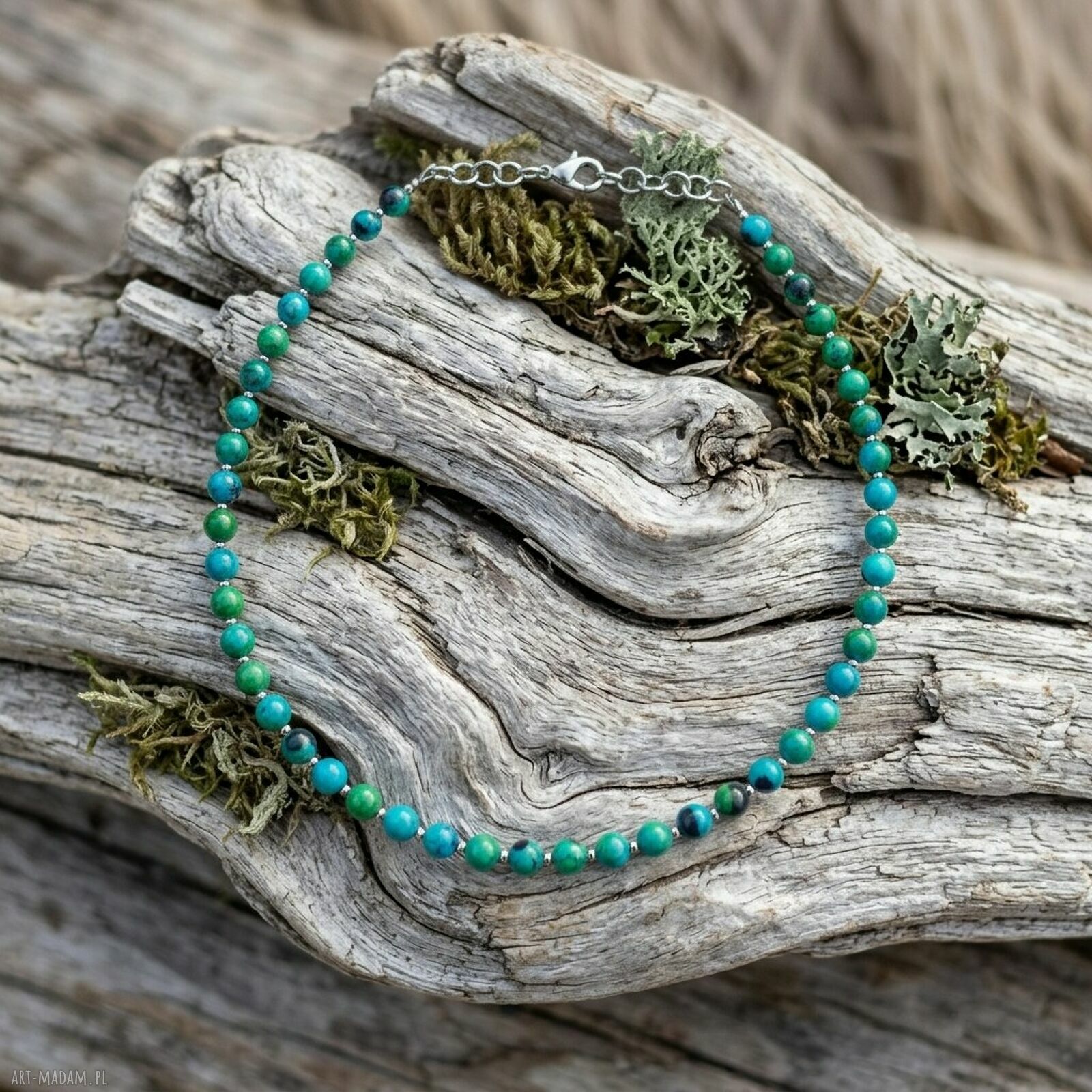 Krótki naszyjnik z naturalnej chryzokoli 6 mm - styl boho