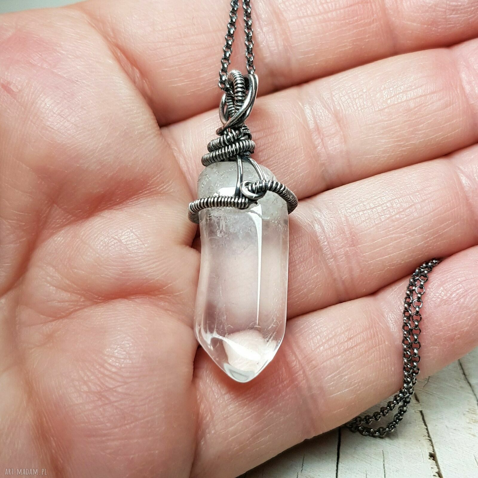 Wisiorek z kryształem górskim S221 - oprawa wire wrapping ze srebra 999