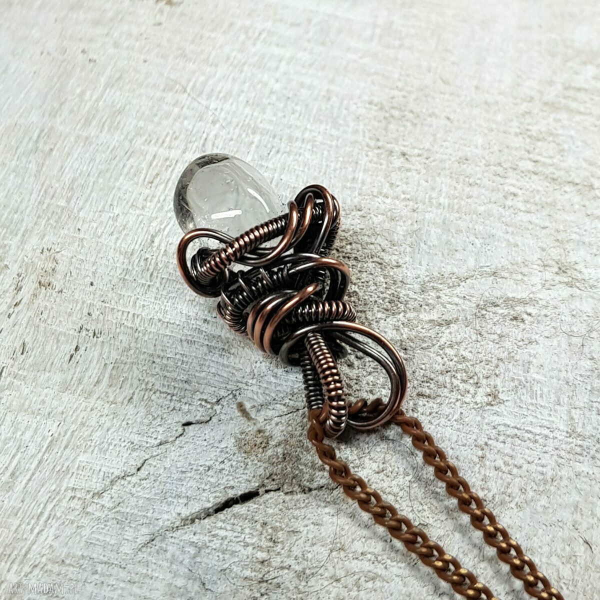 Kryształ górski m259 - wisiorek wire wrapping z miedzi