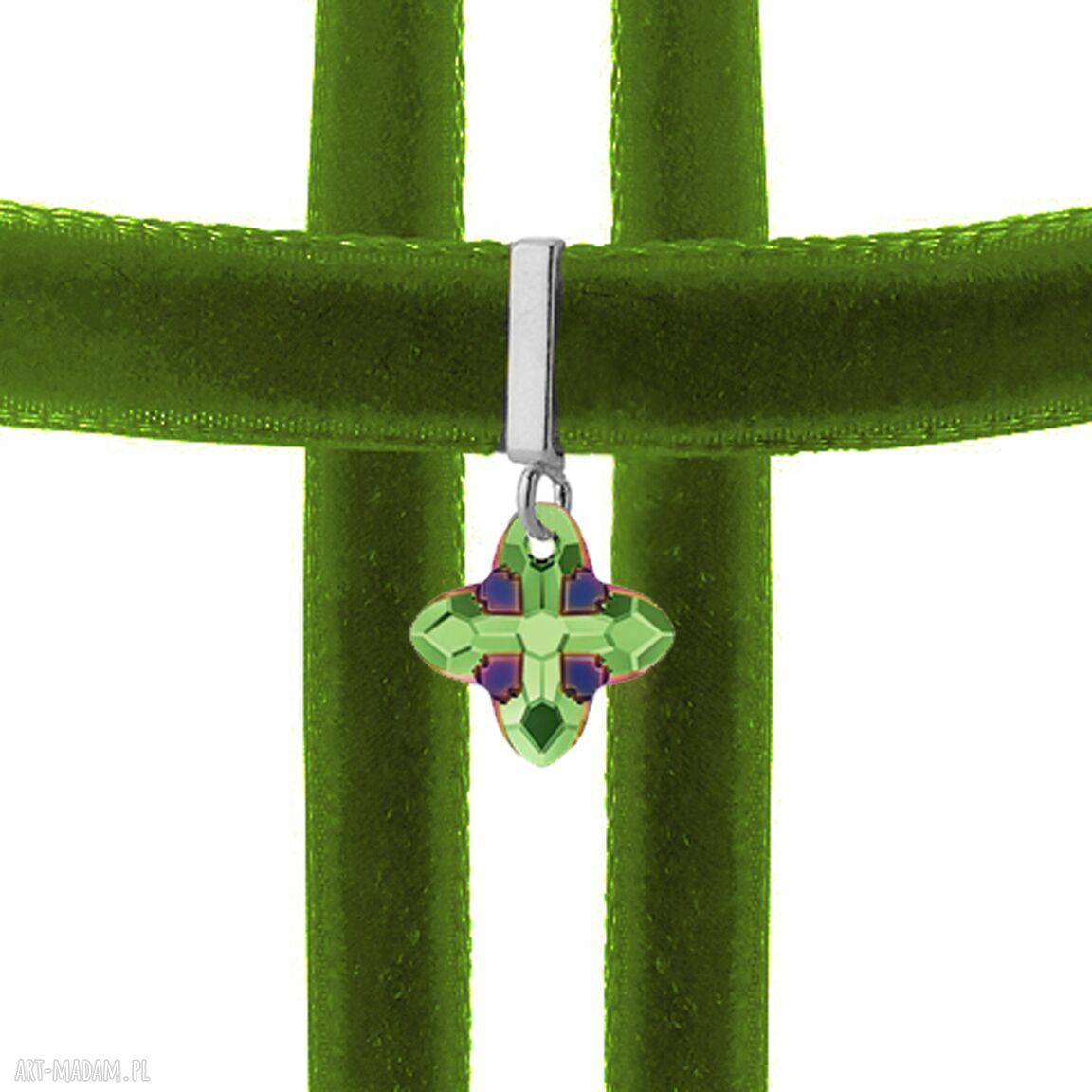 naszyjniki: Oliwkowy aksamitny choker z zielonym krzyżem SWAROVSKI ręczne wykonanie