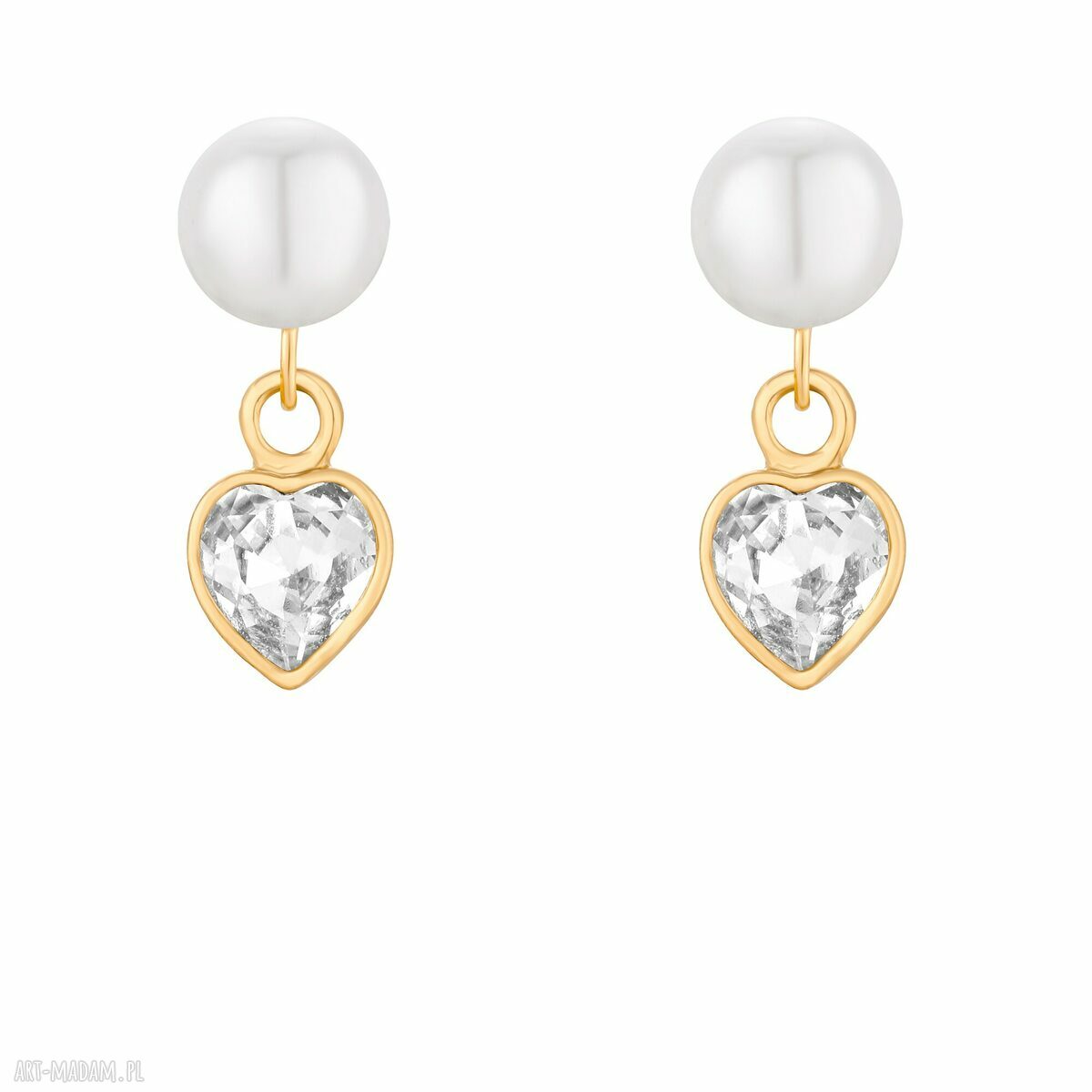 Złote kolczyki perły z sercami SWAROVSKI® CRYSTAL - srebro 925 pozłacane