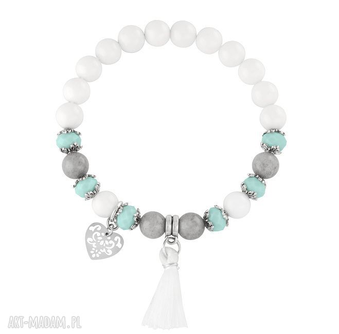 Tassel white mint grey jadeit kryształek serce chwost bransoletka