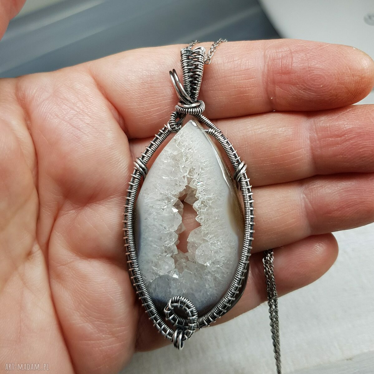 Kryształowa druza agatu w srebrze 999 - naszyjnik wire wrapping s214