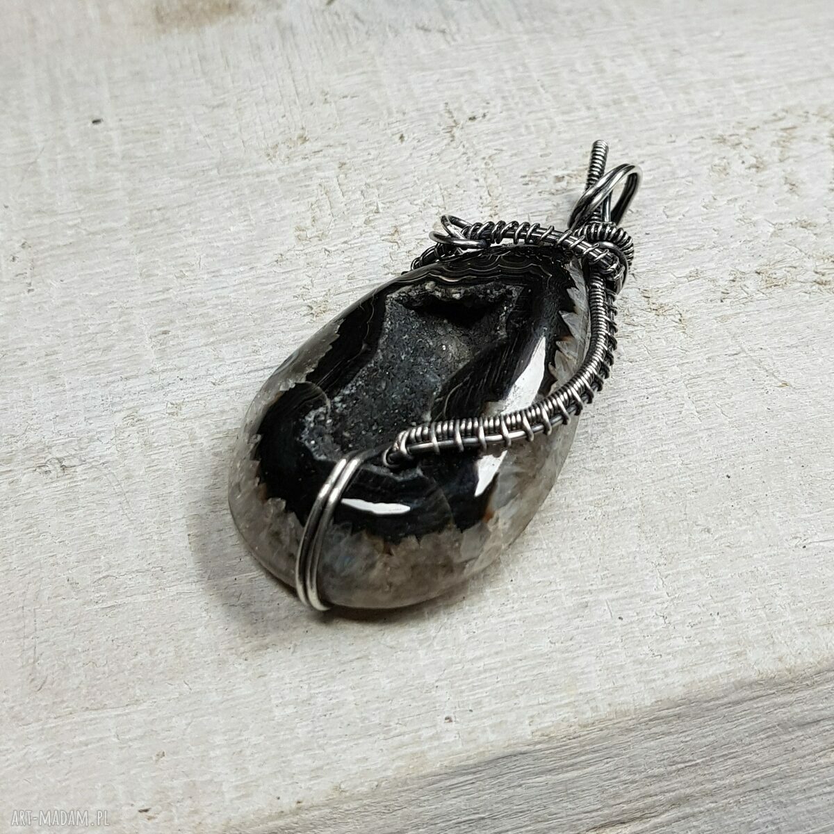 Kryształowa druza agatu - srebrny wisiorek z labradorytem wire-wrapping