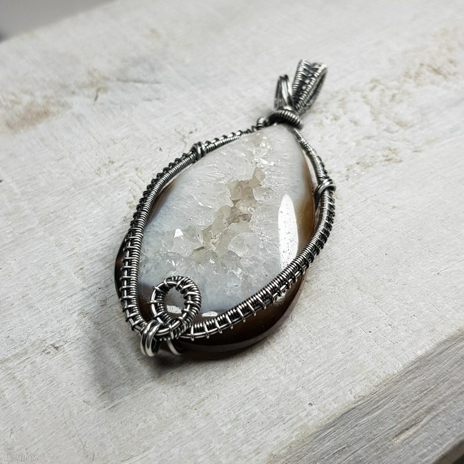 Kryształowa druza agatu w srebrze 999 - naszyjnik wire wrapping s214