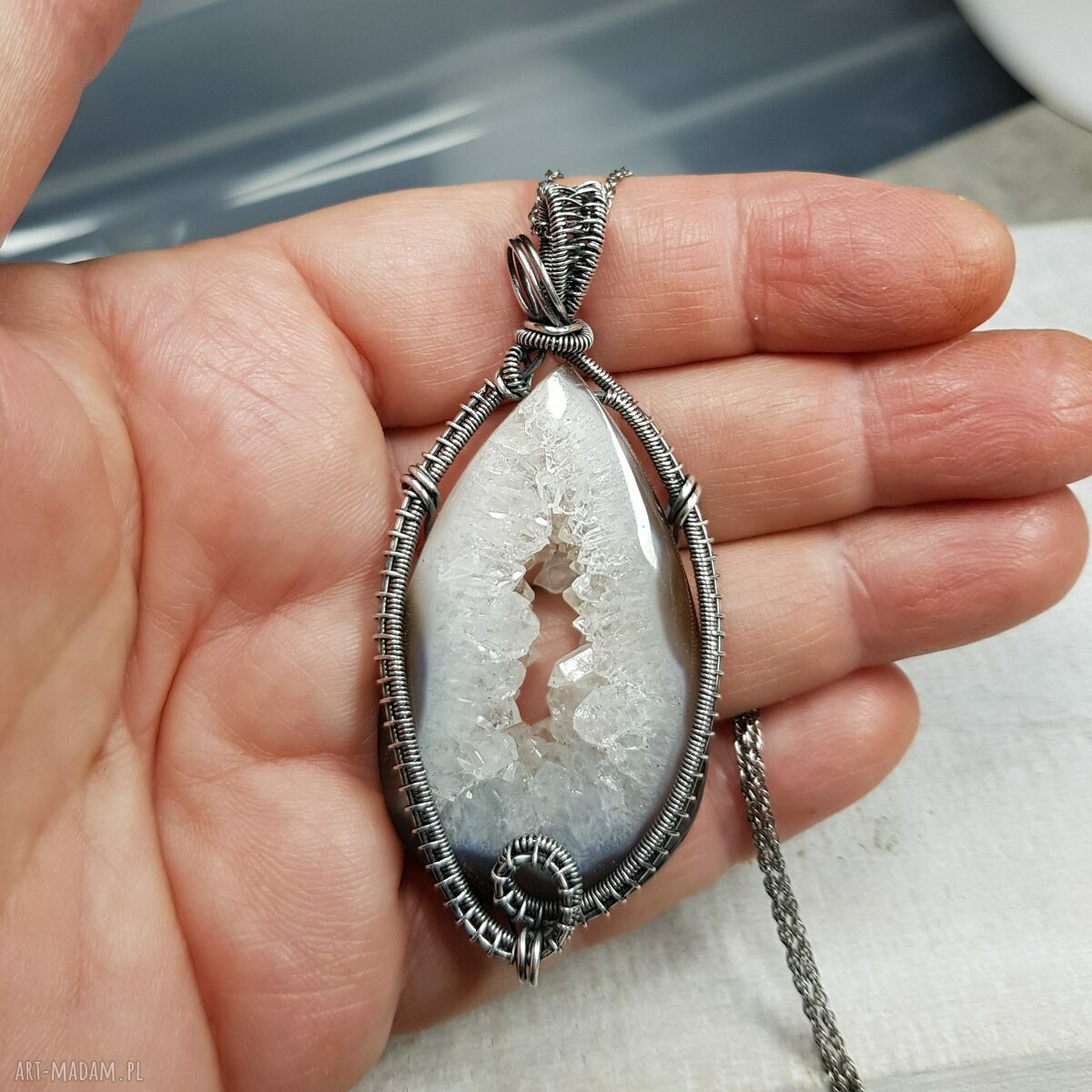 Kryształowa druza agatu w srebrze 999 - naszyjnik wire wrapping s214